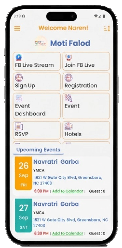 Moti Falod app showing upcoming events